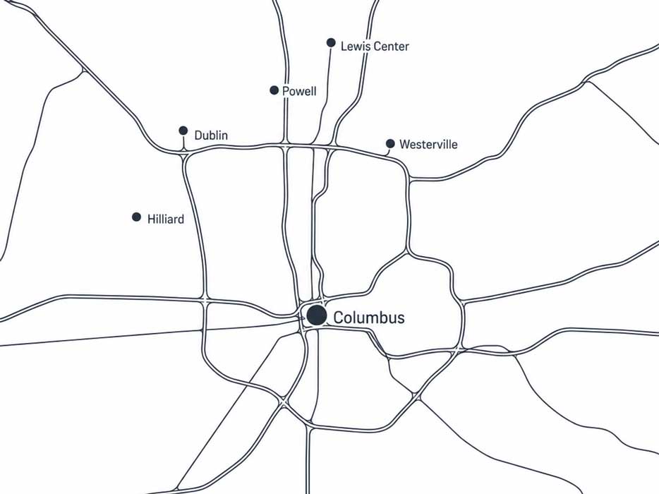 Map of Central Ohio showing Columbus, Dublin, Powell, Lewis Center, Westerville, and Hilliard, illustrating distinct submarkets within one region